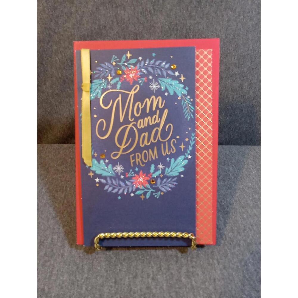 Hallmark Card Red Gold To MOM DAD "Mom And Dad From Us" Poinsettias Blue Leaves